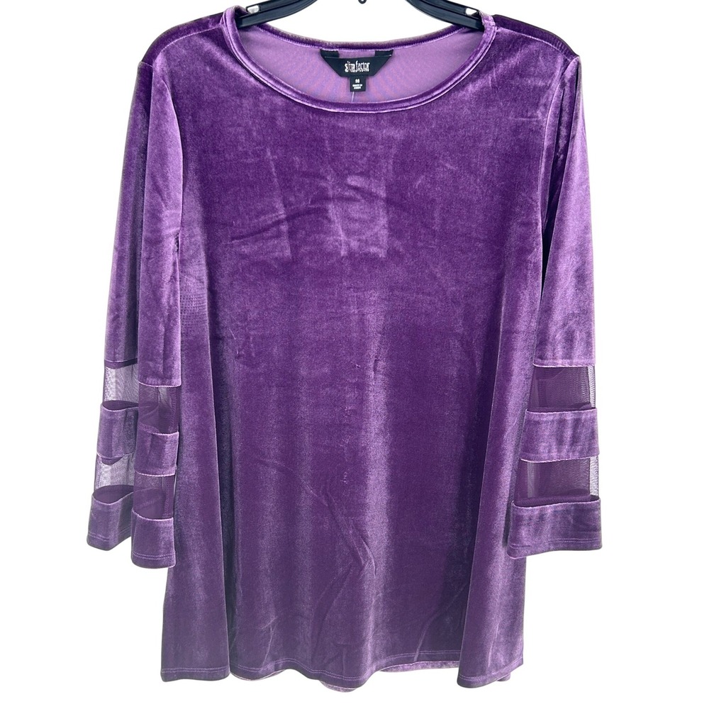 NEW Slim Factor Jewel Purple Velvet Blouse Womens MEDIUM 3/4 Sleeve Top